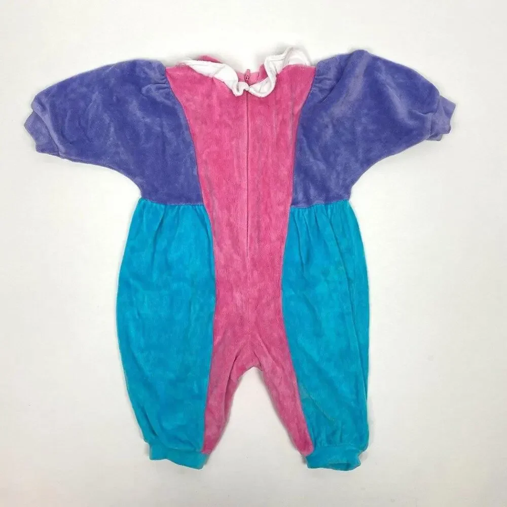 Vintage Girls Bright Color Block Velour Jumpsuit 6-9 Months